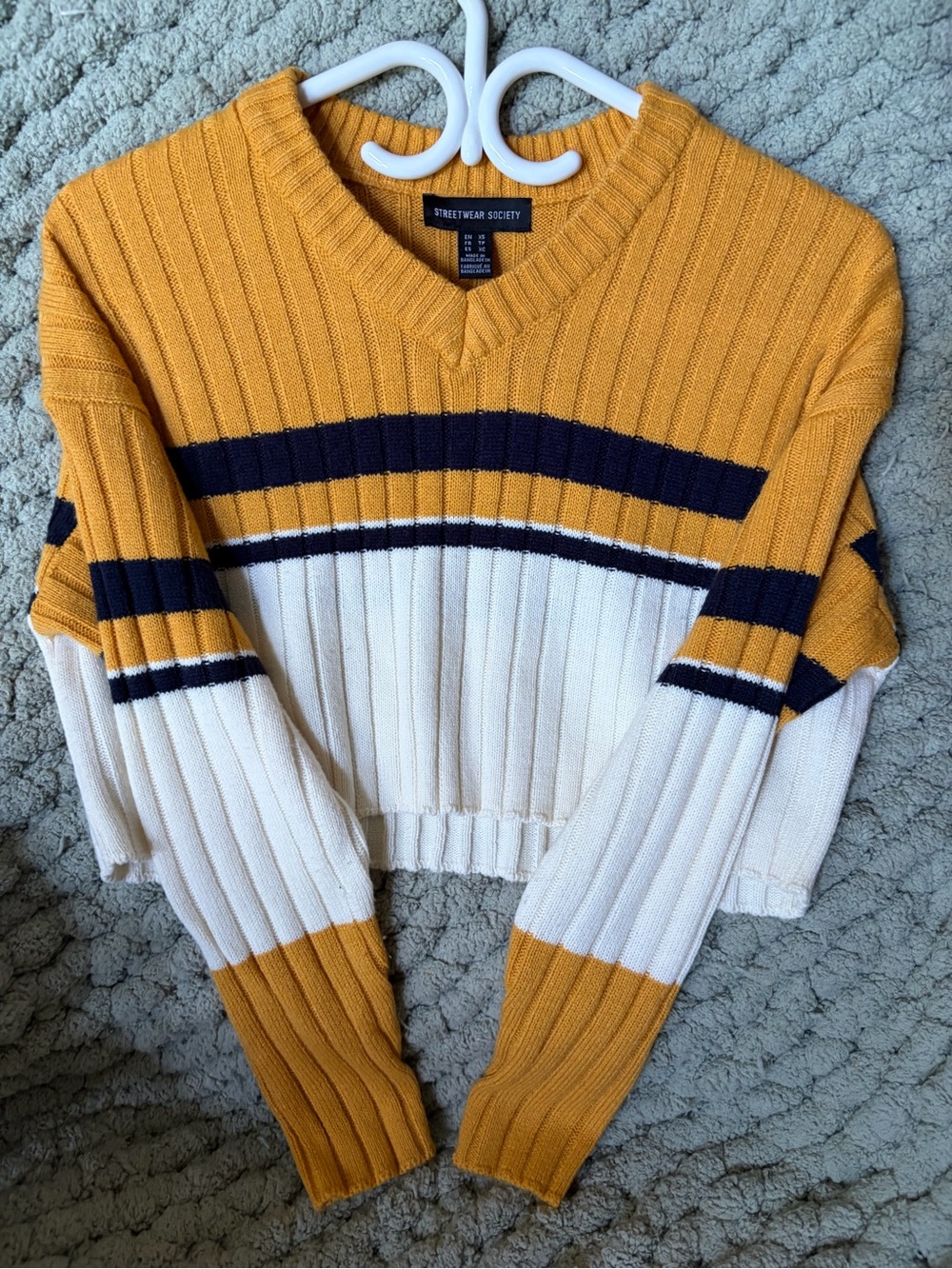 Streetwear Society Men's Mustard, White & Navy Ribbed V-Neck Sweater